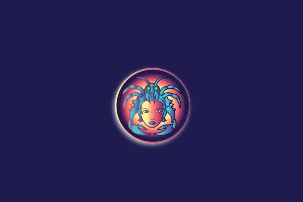 Ilustração do signo de câncer em um círculo nas cores amarela, rosa e roxa sobre um fundo azul-escuro
