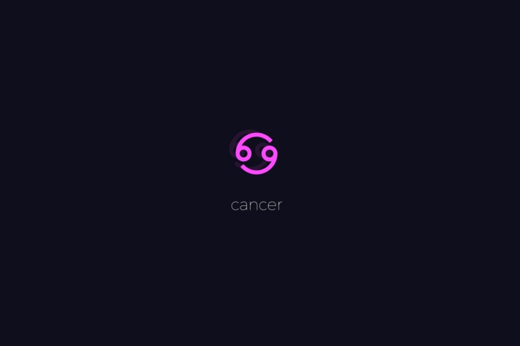 Ilustração do signo de Câncer em roxo, sobre um fundo preto