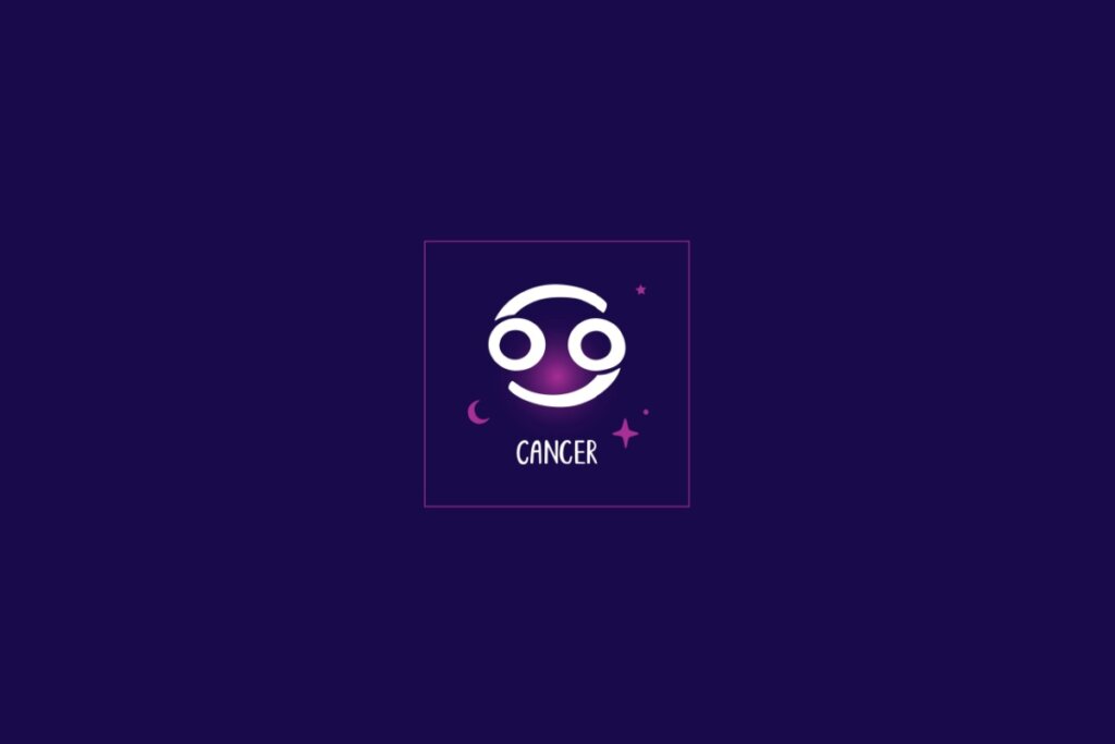 Ilustração do signo de câncer, em um fundo azul-escuro, rodeado por estrelas rosa e um quadrado da mesma cor
