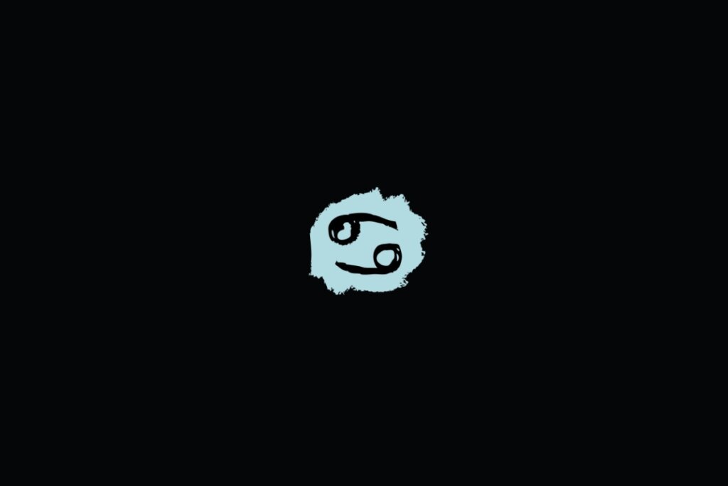 Ilustração do signo de câncer, dentro de uma mancha azul, sobre um fundo preto