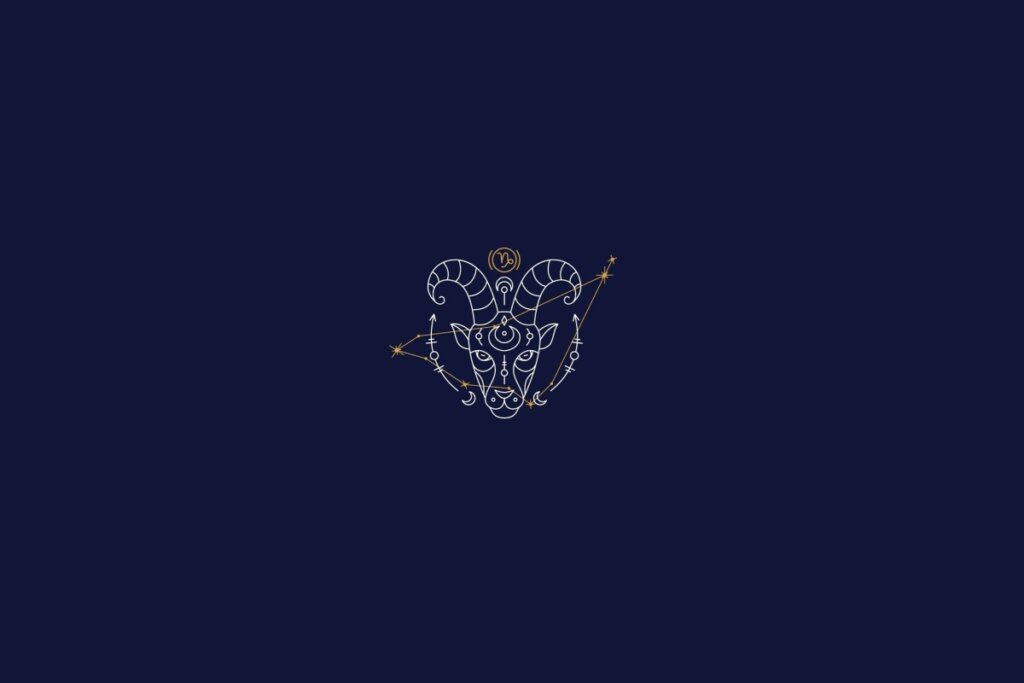 ilustração branca de uma cabra representando o signo de capricórnio sobre fundo azul-escuro