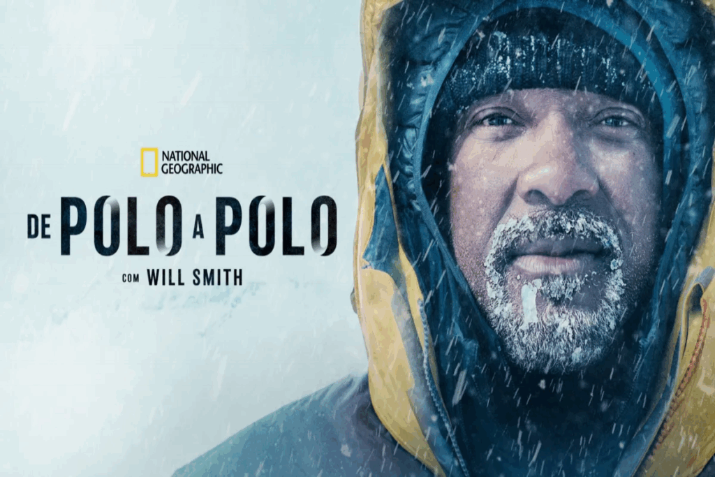 Imagem com homem usando roupas de frio e com neve no rosto e na barba e ao lado o nome da série em preto com fundo branco de neve