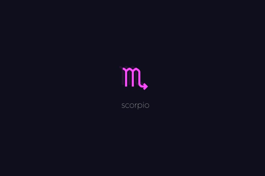 Ilustração do signo de Escorpião em roxo, sobre um fundo preto