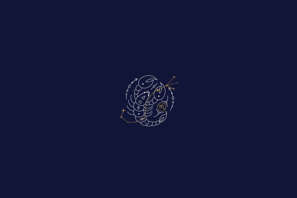 ilustração branca de um escorpião representando o signo de escorpião  sobre fundo azul-escuro