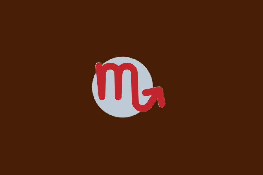 Ilustração do signo de Escorpião, com símbolo vermelho em forma de “M” com seta curva, dentro de um círculo cinza sobre fundo marrom-escuro