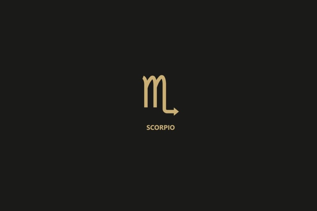 Ilustração do signo de escorpião sobre um fundo preto, com o nome do signo logo abaixo.