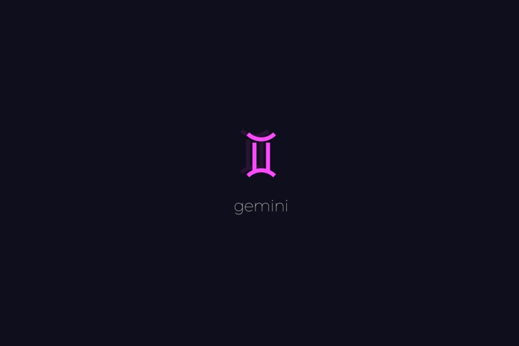 Ilustração do signo de Gêmeos em roxo, sobre um fundo preto