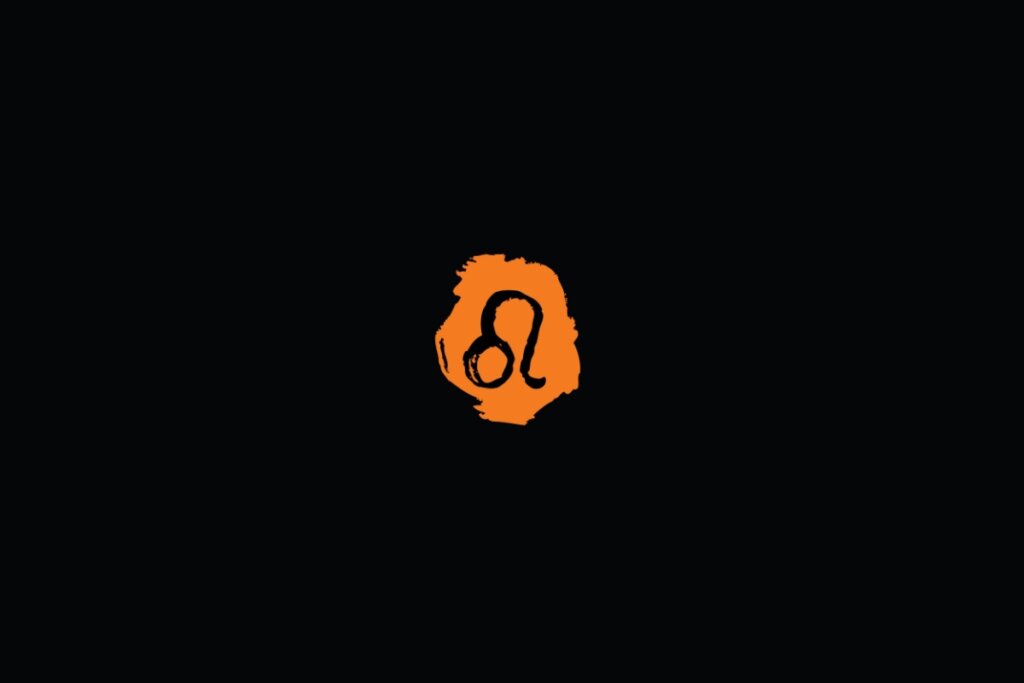 Ilustração do signo de leão, dentro de uma mancha laranja, sobre um fundo preto