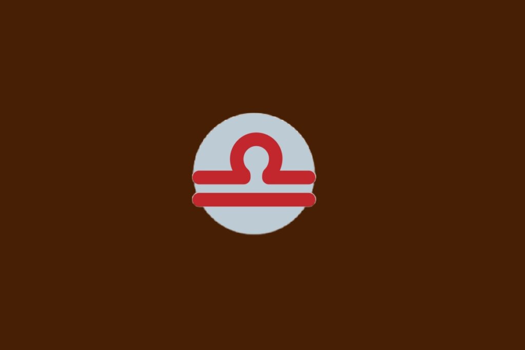 Ilustração do signo de Libra, com símbolo vermelho com arco sobre linha reta, dentro de um círculo cinza sobre fundo marrom-escuro