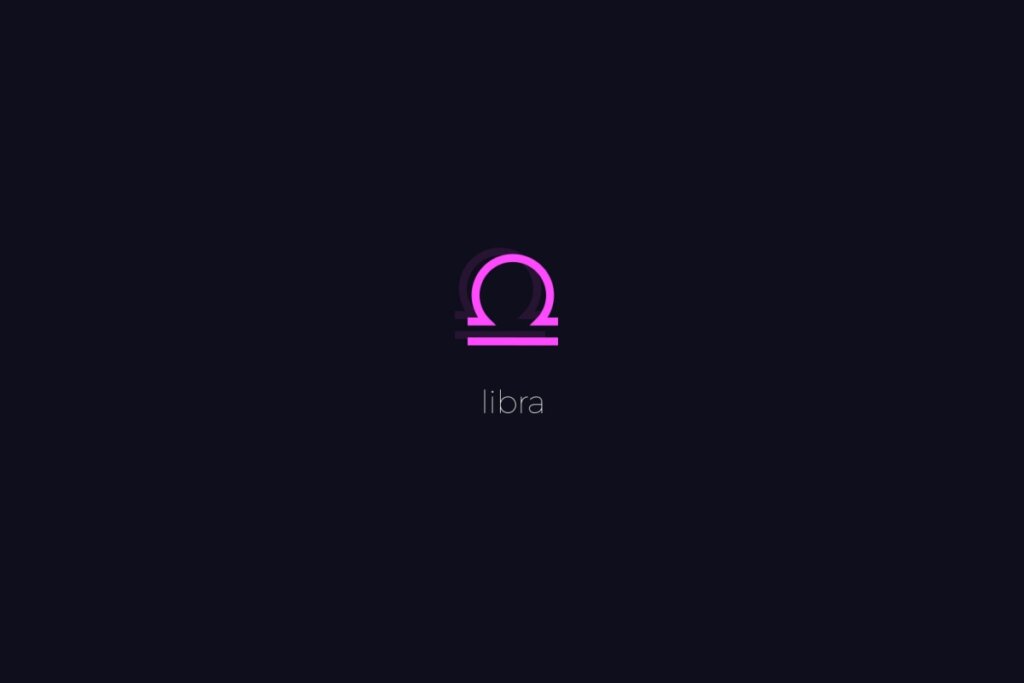 Ilustração do signo de Libra em roxo, sobre um fundo preto