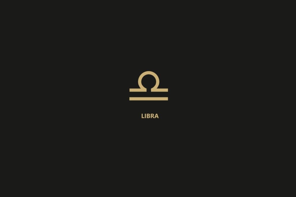 Ilustração do signo de libra sobre um fundo preto, com o nome do signo logo abaixo.