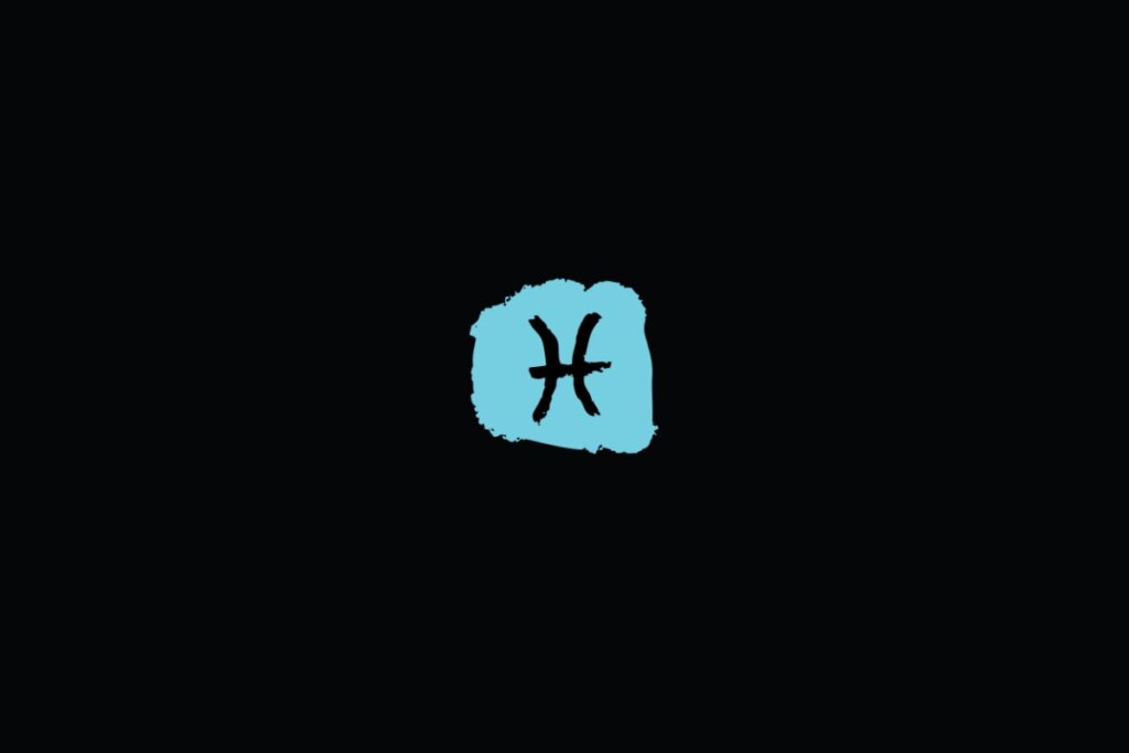 Ilustração do signo de peixes, dentro de uma mancha azul, sobre um fundo preto