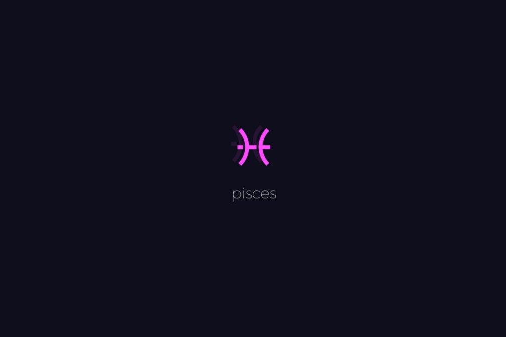 Ilustração do signo de Peixes em roxo, sobre um fundo preto