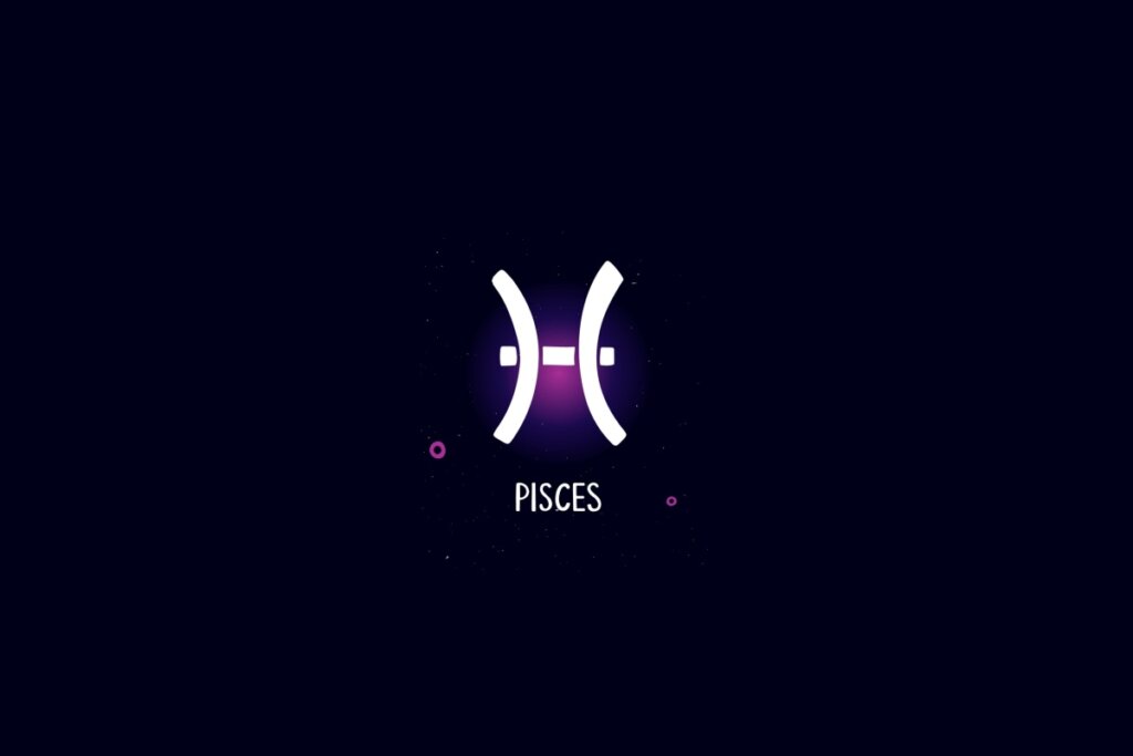 Ilustração do signo de Peixes, na cor branca, em um fundo azul-escuro, com estrelas roxas ao redor