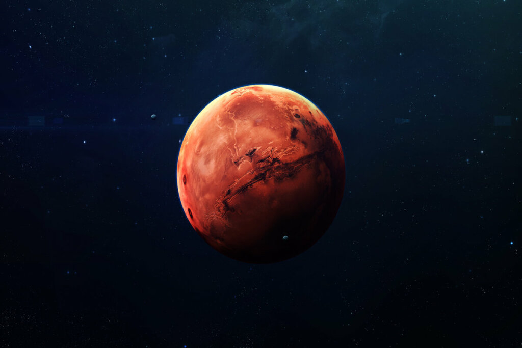 Ilustração do planeta Marte no espaço com estrelas ao fundo