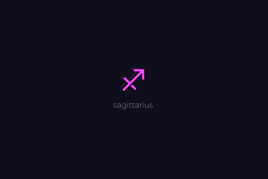 Ilustração do signo de Sagitário em roxo, sobre um fundo preto