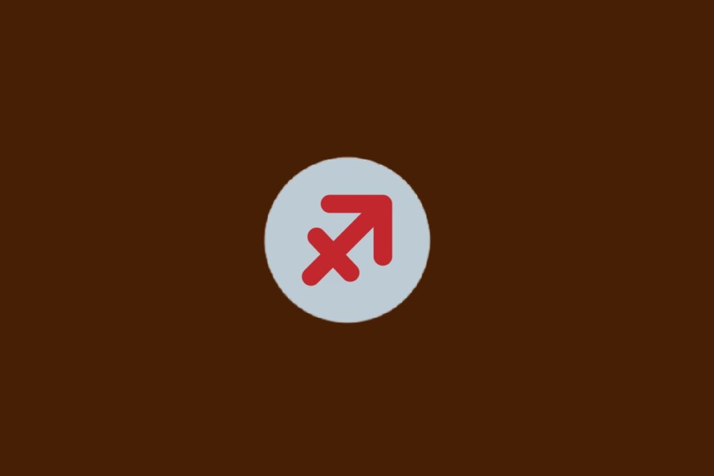 Ilustração do signo de Sagitário, com símbolo vermelho em forma de flecha apontada para cima, dentro de um círculo cinza sobre fundo marrom-escuro
