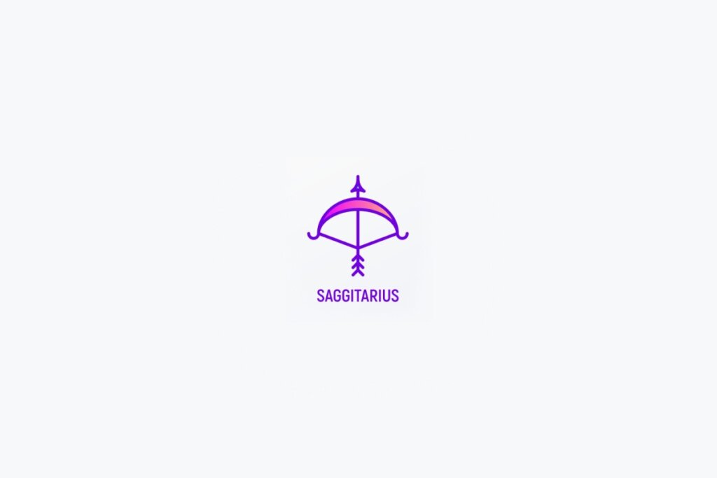 Ícone de Sagitário com um arco e flecha estilizado em tons de roxo e rosa
