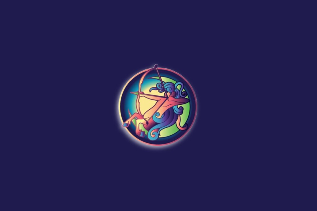 Ilustração do signo de sagitário em um círculo nas cores amarela, rosa e roxa sobre um fundo azul-escuro