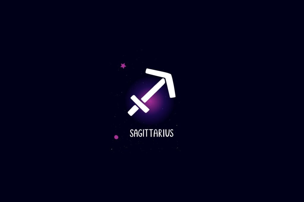 Ilustração do signo de sagitário, na cor branca, em um fundo azul-escuro, com estrelas roxas ao redor