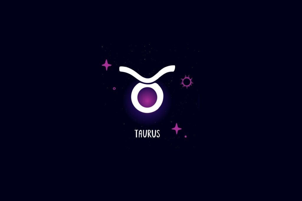 Ilustração do signo de touro, na cor branca, em um fundo azul-escuro, com estrelas roxas ao redor