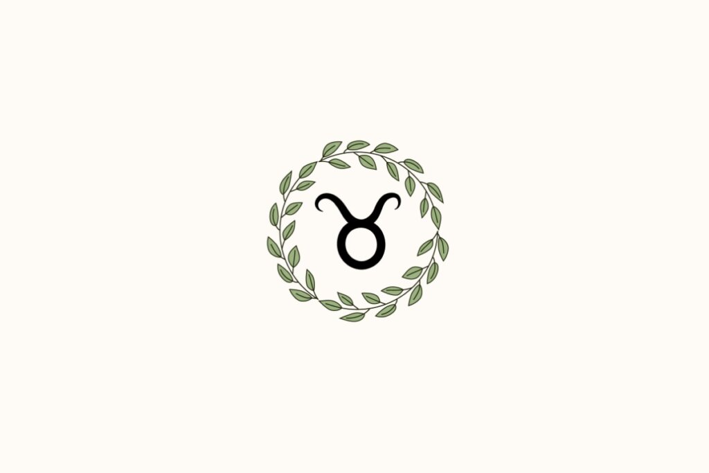 Ilustração de uma coroa de plantas ao redor do signo de touro, sobre fundo amarelo-claro
