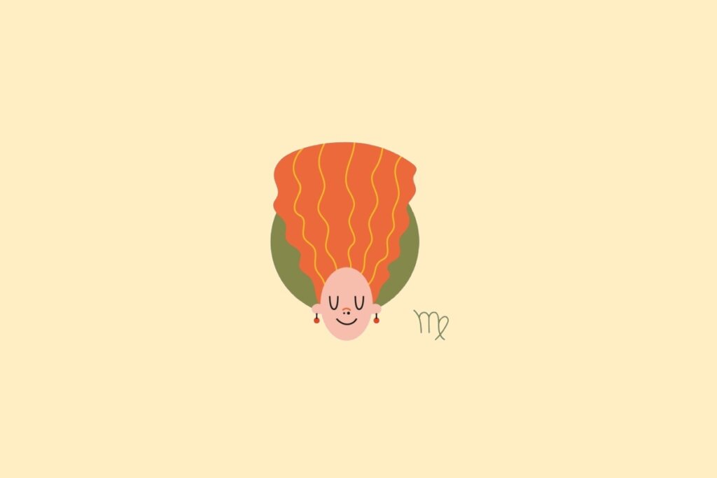 Ilustração do rosto de uma mulher com cabelo ruivo, em um círculo verde, sobre um fundo amarelo-claro