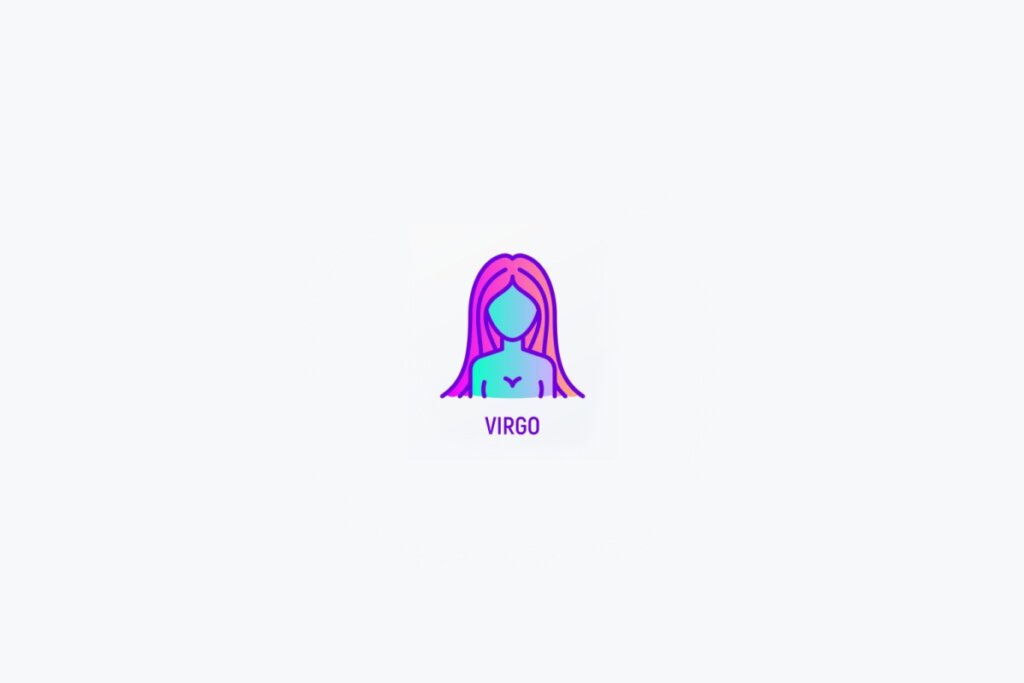 Ícone minimalista de Virgem exibindo a silhueta de uma mulher em tons de rosa, roxo e azul