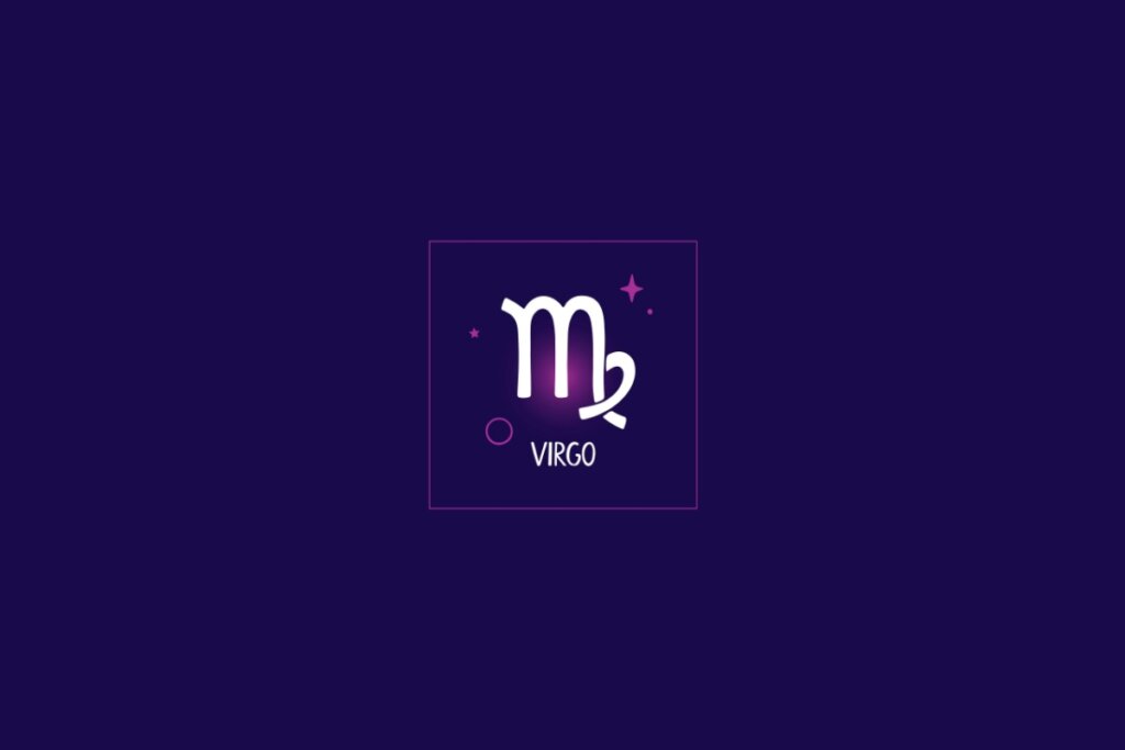 Ilustração do signo de virgem, em um fundo azul-escuro, rodeado por estrelas rosa e um quadrado da mesma cor