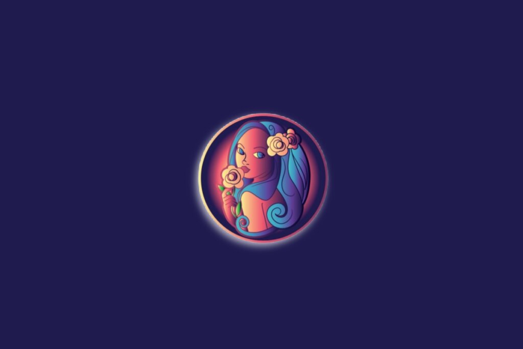 Ilustração do signo de virgem em um círculo nas cores amarela, rosa e roxa sobre um fundo azul-escuro