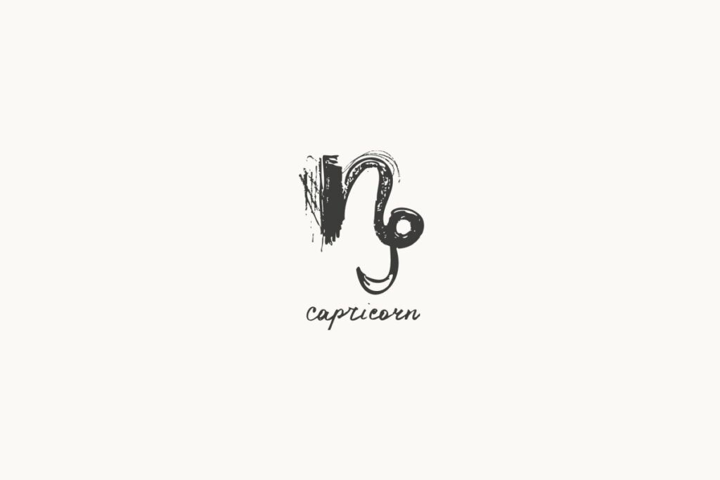 Ilustração do signo de Capricórnio, com um traço vertical curvo seguido de um espiral arredondado à direita, em fundo claro