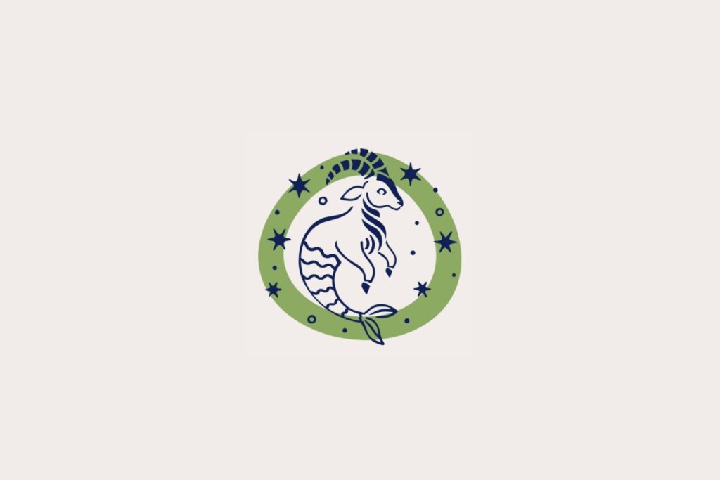 Ilustração do signo de Capricórnio, em fundo bege-claro, contendo uma cabra com cauda de peixe dentro de uma moldura verde com estrelas em volta