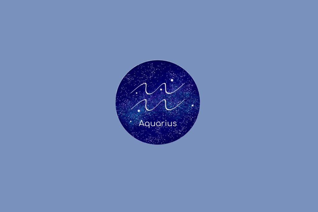 Ilustração do signo de Aquário contendo o símbolo formado por duas linhas onduladas paralelas em fundo azul