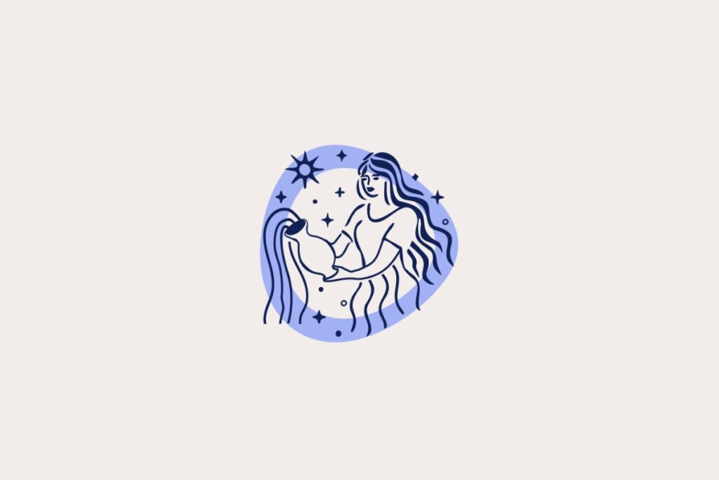 Ilustração do signo de Aquário, em fundo bege-claro, contendo uma figura feminina com longos cabelos segurando um jarro de onde sai um fluxo de água, cercada por uma moldura lilás com estrelas
