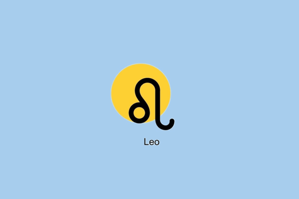 Símbolo do signo de Leão ao lado de círculo amarelo em fundo azul claro