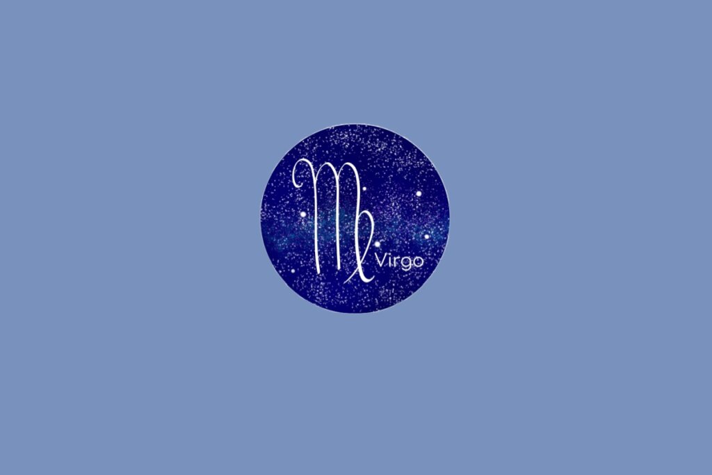 Ilustração do signo de Virgem contendo o símbolo em formato de letra estilizada com traço final curvado em fundo azul