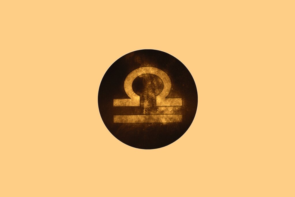 Ilustração do signo de Libra contendo o símbolo da balança estilizada em fundo amarelado