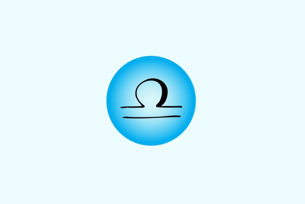 Ilustração do signo de Libra contendo o símbolo com um arco sobre uma linha horizontal reta, em fundo azul-claro