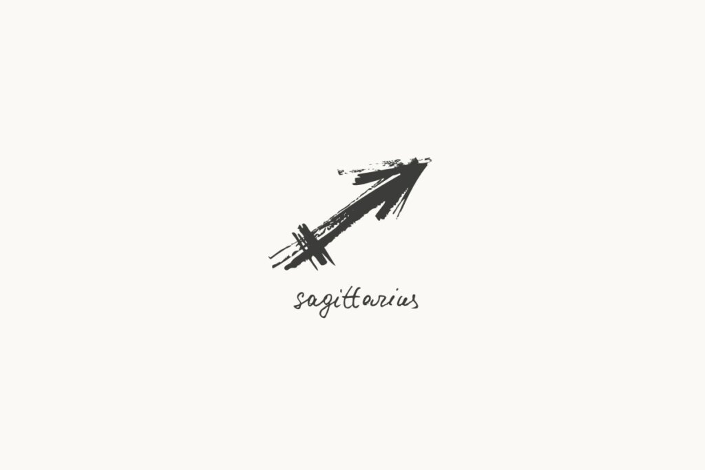 Ilustração do signo de Sagitário, representado por uma flecha apontada para cima e à direita com traços fortes e rústicos, em fundo claro