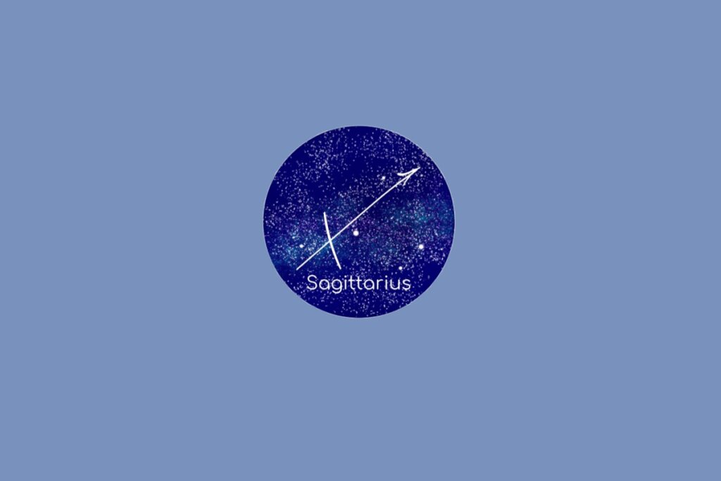 Ilustração do signo de Sagitário contendo o símbolo de uma flecha diagonal apontada para cima em fundo azul