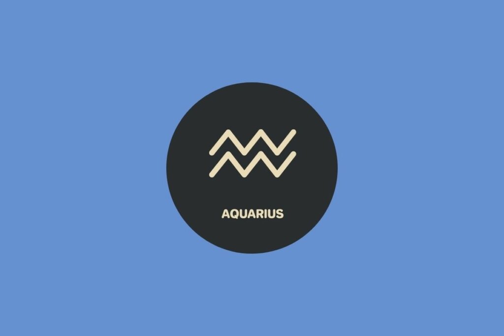 Círculo preto com ilustração bege do nome e símbolo do signo de aquário sobre fundo azul