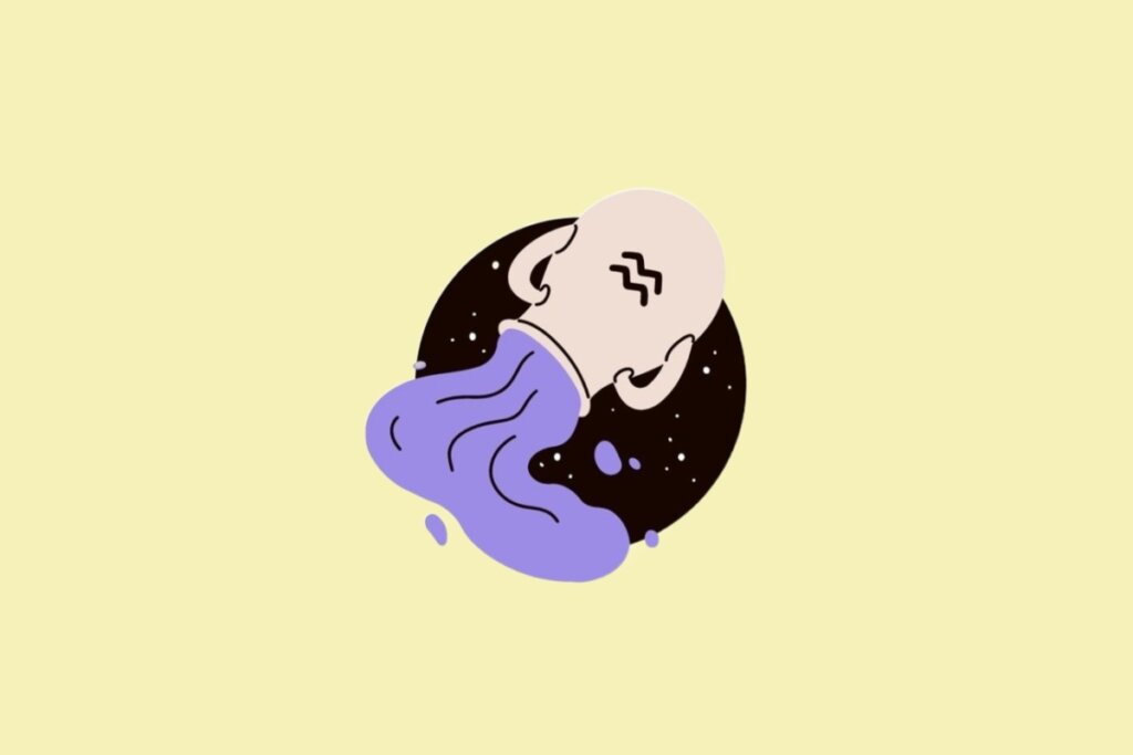 Ilustração do signo de Aquário, com um vaso bege despejando água roxa