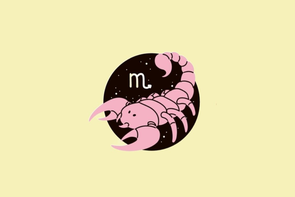 Ilustração do signo de Escorpião, com um escorpião rosa estilizado sobre um círculo preto estrelado