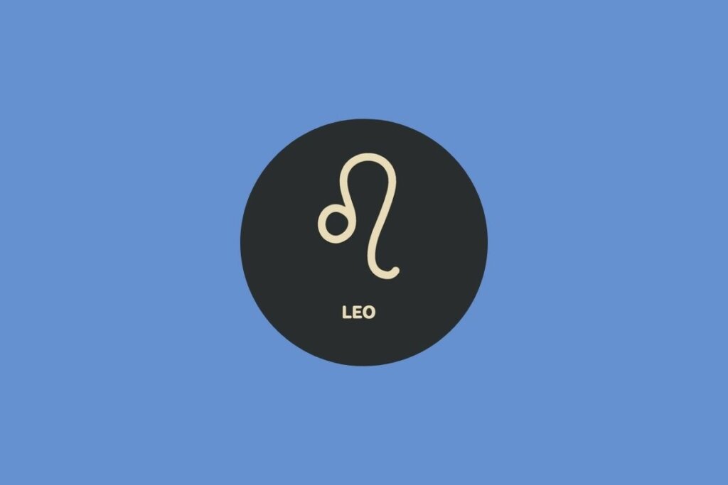 Círculo preto com ilustração bege do nome e símbolo do signo de leão sobre fundo azul