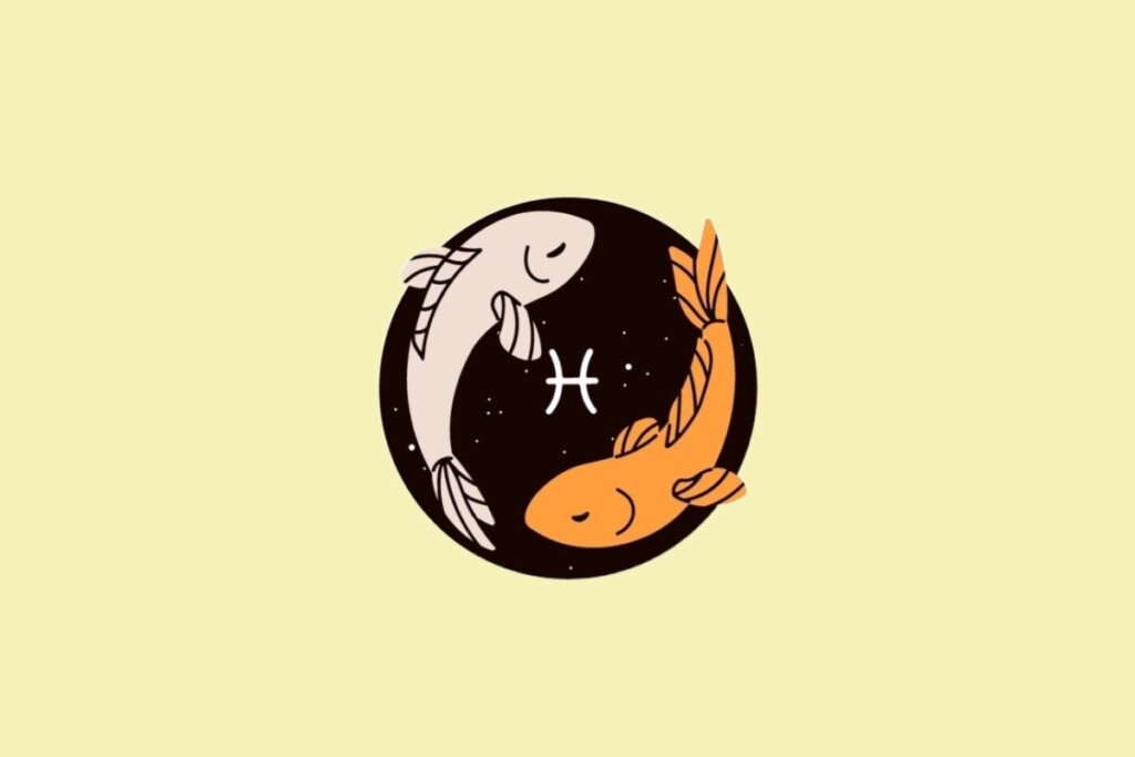 Ilustração do signo de Peixes, mostrando dois peixes (um bege e um laranja) nadando em sentido oposto dentro de um círculo estrelado
