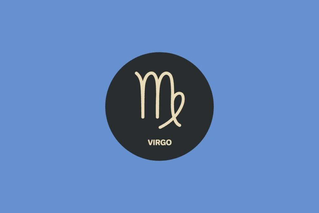 Círculo preto com ilustração bege do nome e símbolo do signo de virgem sobre fundo azul