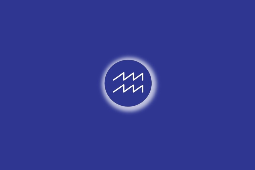 Ilustração do signo de Aquário em um círculo azul, com luz branca ao redor, sobre um fundo azul