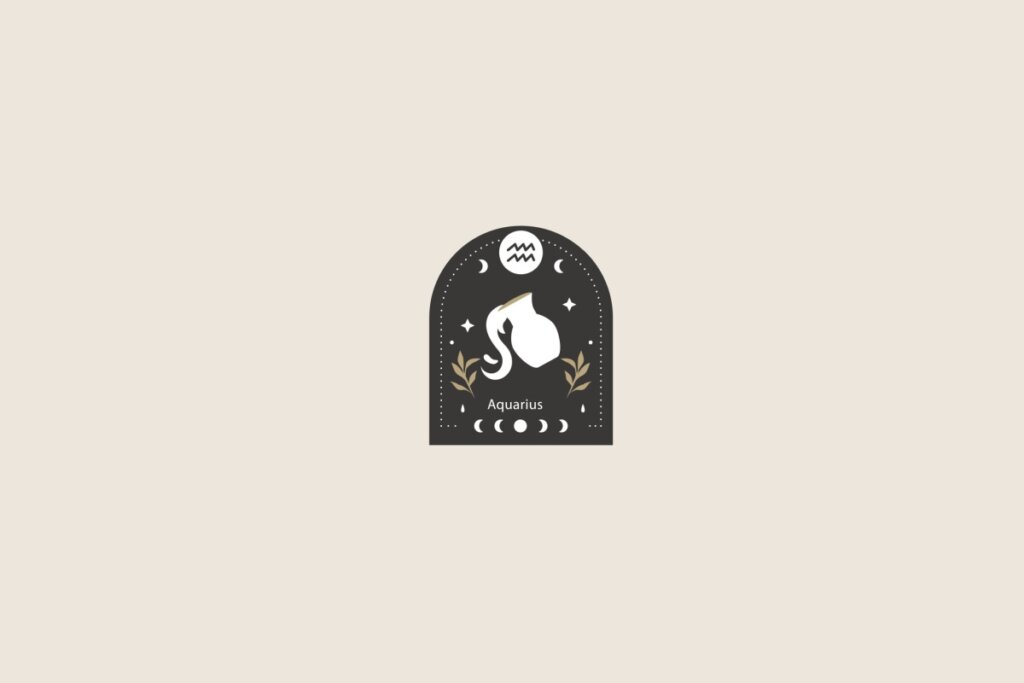 Símbolo estilizado do signo de Aquário sobre um formato de arco preto. O fundo geral é bege-claro