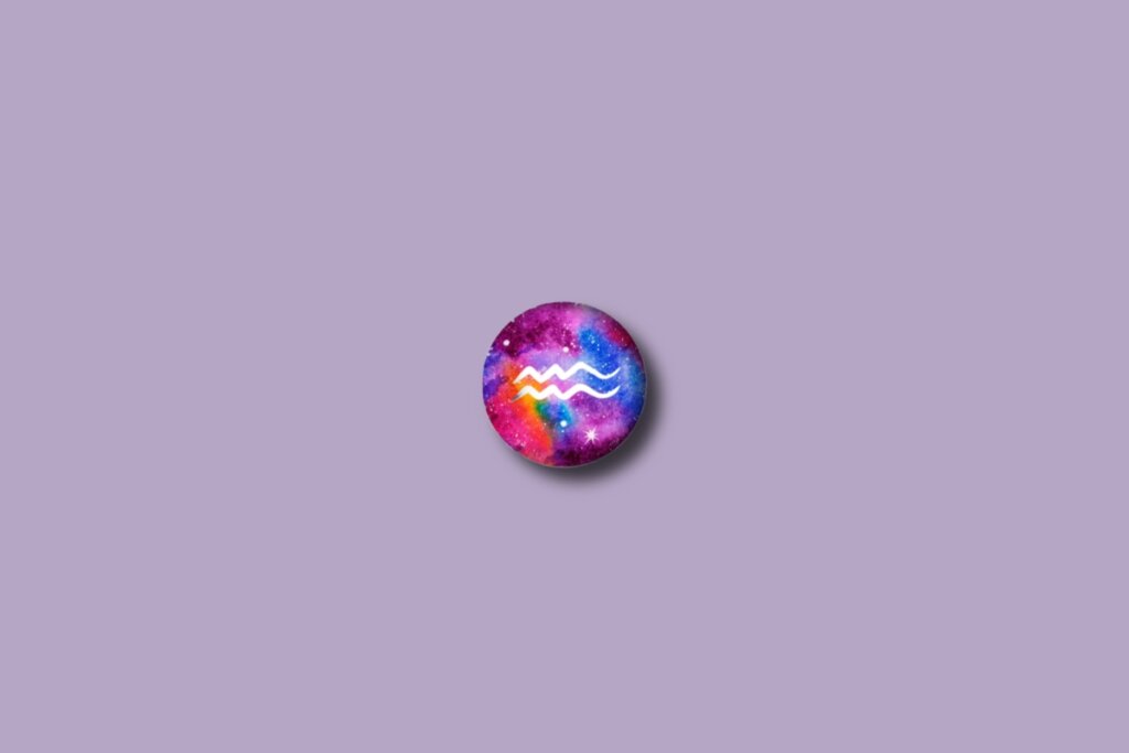 Ilustração do signo de aquário em um círculo colorido e sobre um fundo lilás