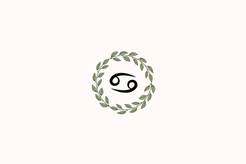 Ilustração de uma coroa de plantas ao redor do signo de câncer, sobre fundo amarelo-claro